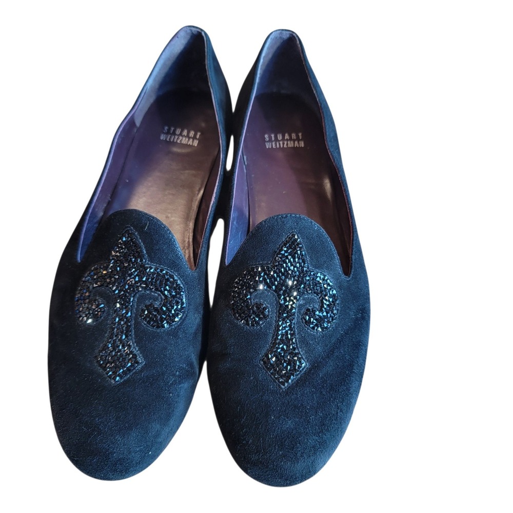 Stuart Weitzman Loafers Fleur De Lis Crystal Womens 8.5 Black Excellent Suede